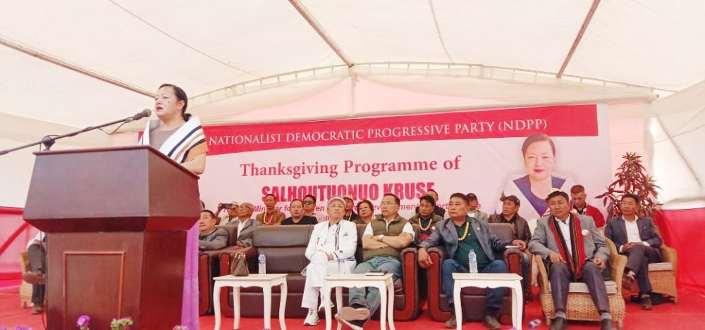 Salhoutuonuo Kruse, newly inducted Minister for Women Resource Development and Horticulture speaking at the thanksgiving programme held at Kiruphema ground, Peducha on March 14. (Morung Photo)